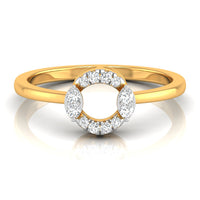 yellow Gold ring with a diamond halo on a white background