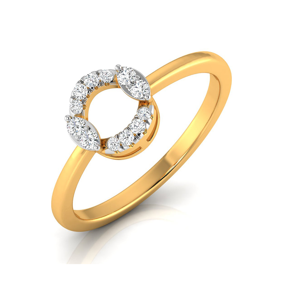 yellow Gold ring with diamond accents on a white background