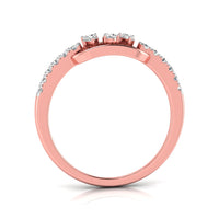 A rose gold ring with a pavé band and three round-cut clear gemstones on the top, shown against a plain white background.