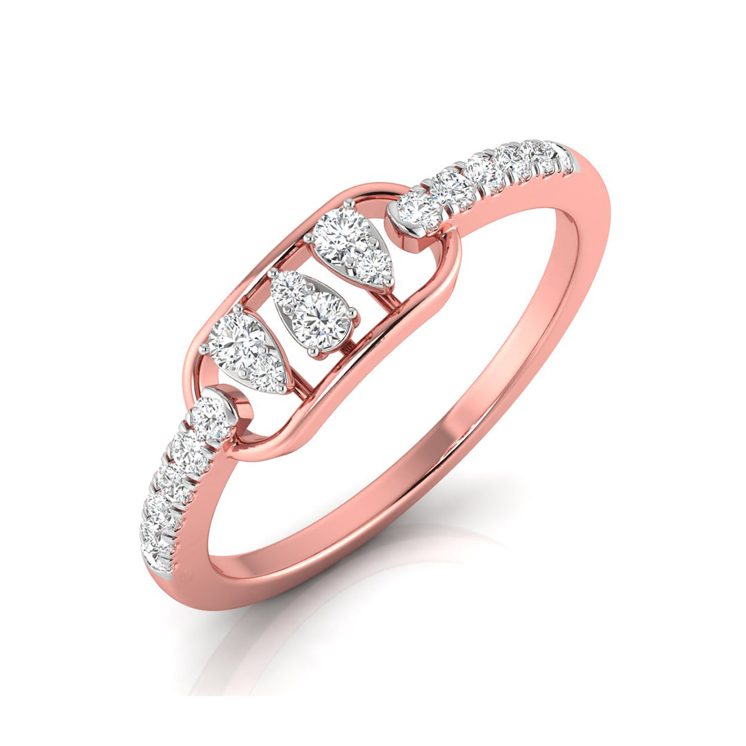 A rose gold ring with a central marquise-cut diamond cluster and diamond-set shoulders, shown on a clean white background.