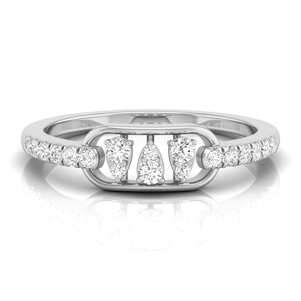A silver diamond ring with a central marquise-cut diamond and smaller diamonds set along the band, shown on a reflective white background. white gold