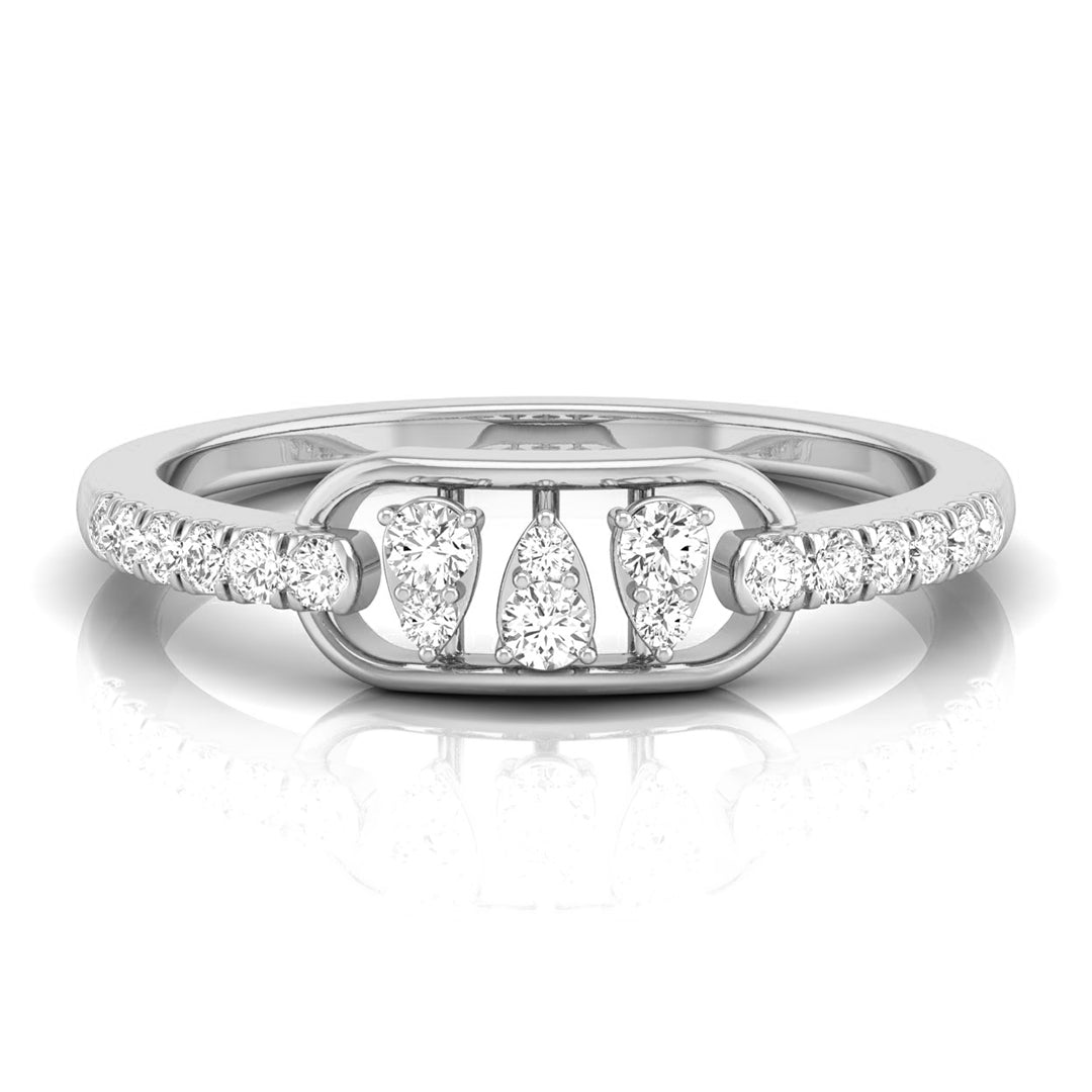 A silver diamond ring with a central marquise-cut diamond and smaller diamonds set along the band, shown on a reflective white background. white gold