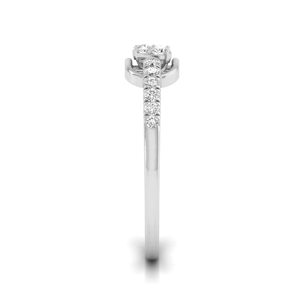 A silver-toned diamond ring with a three-stone round center and a pavé band, shown on a plain white background. white gold