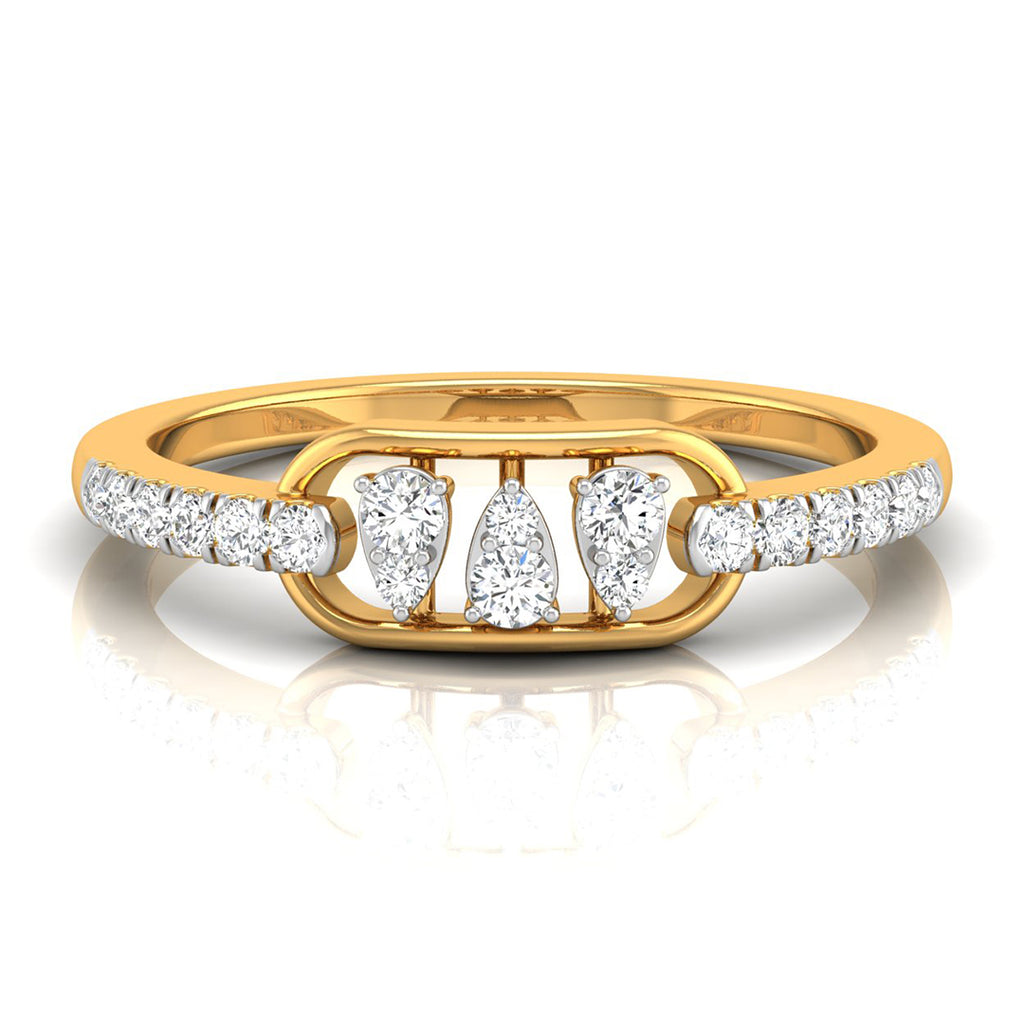 A yellow gold ring featuring three central pear-cut diamonds flanked by smaller round diamonds on the band, set against a clean white background with a soft reflection.