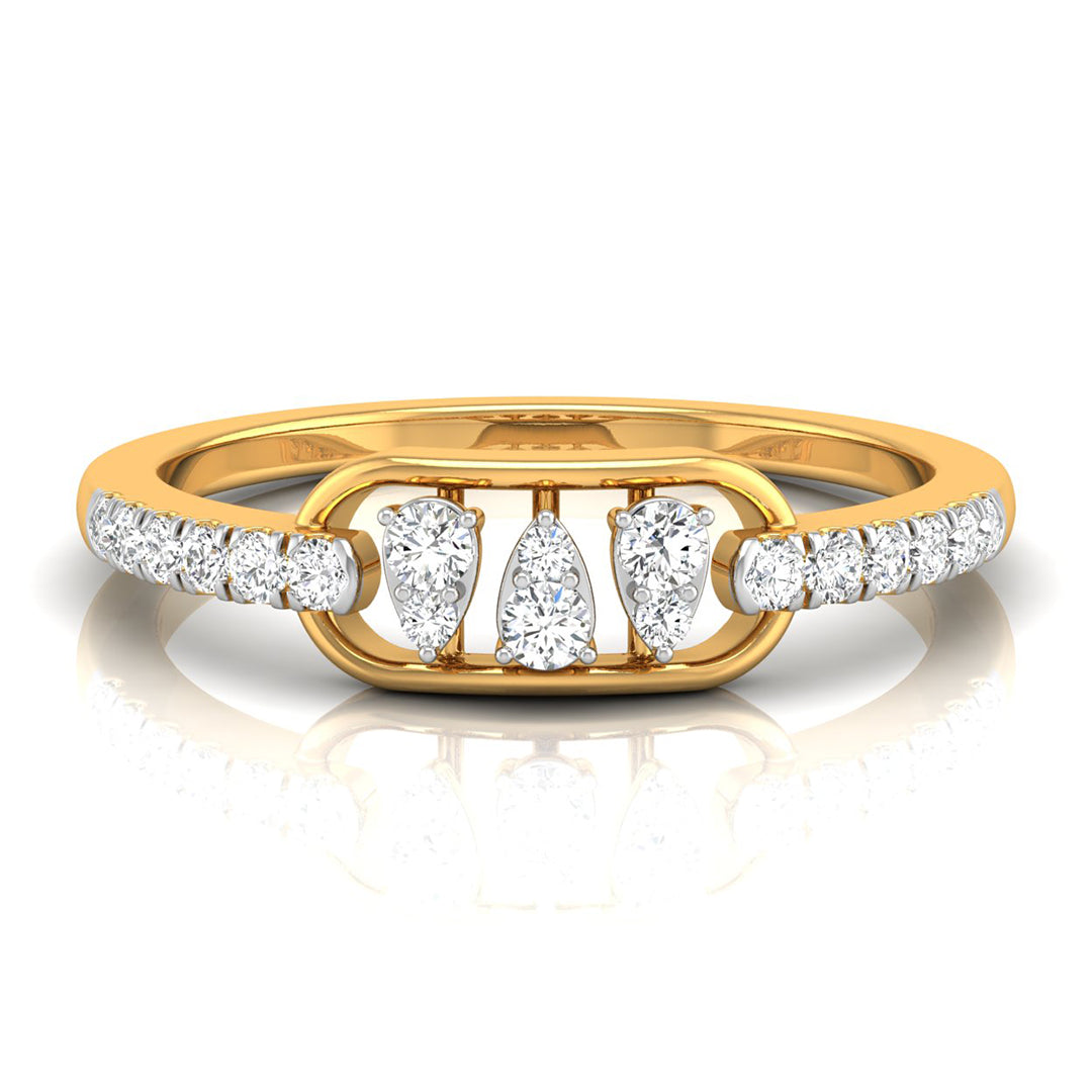 A yellow gold ring featuring three central pear-cut diamonds flanked by smaller round diamonds on the band, set against a clean white background with a soft reflection.