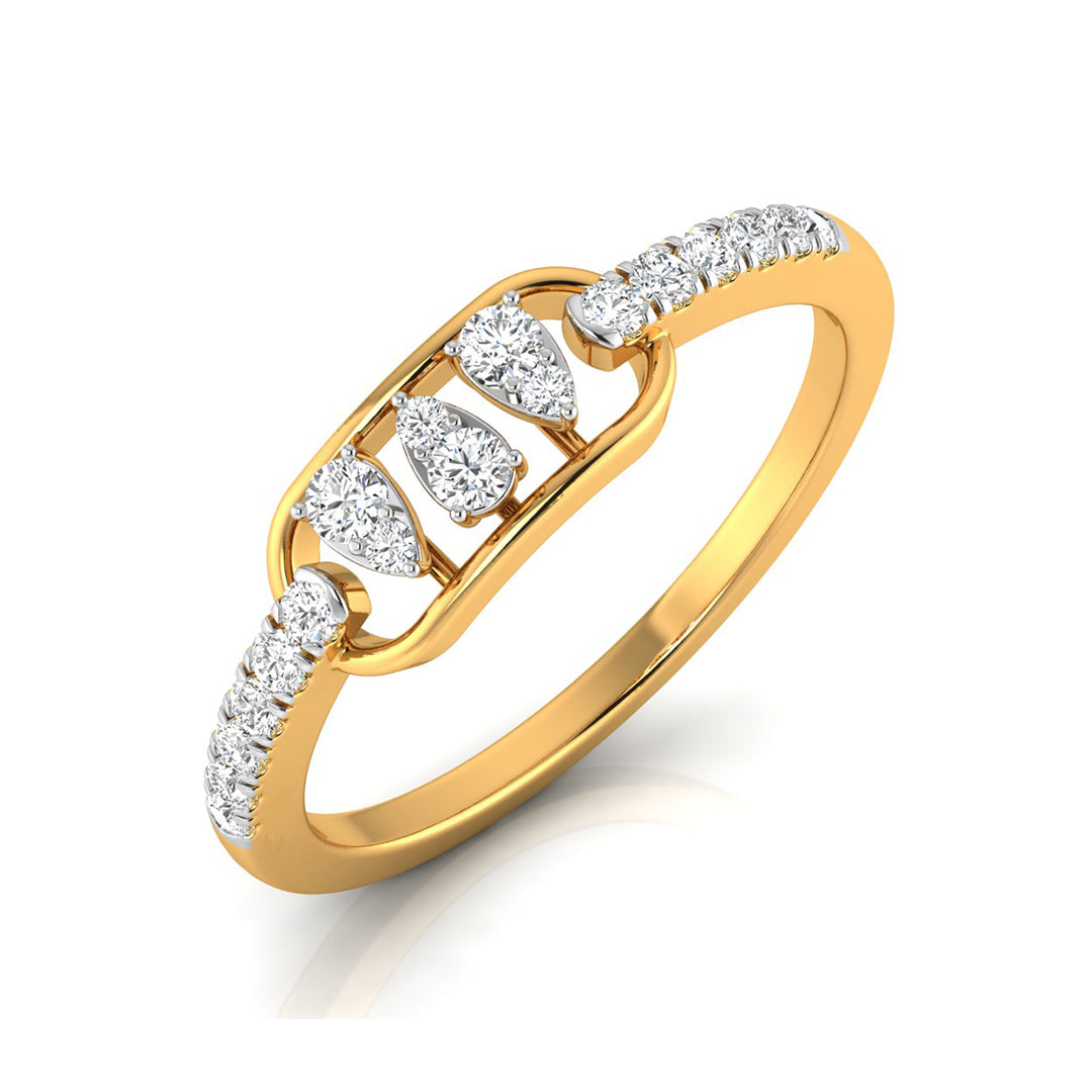A yellow gold ring featuring a central marquise-cut diamond cluster flanked by pavé-set round diamonds on a white background.
