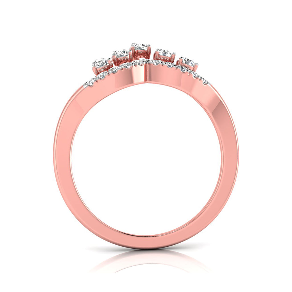 Rose gold ring with a row of small clear gemstones on the top, shown from the back on a white background.