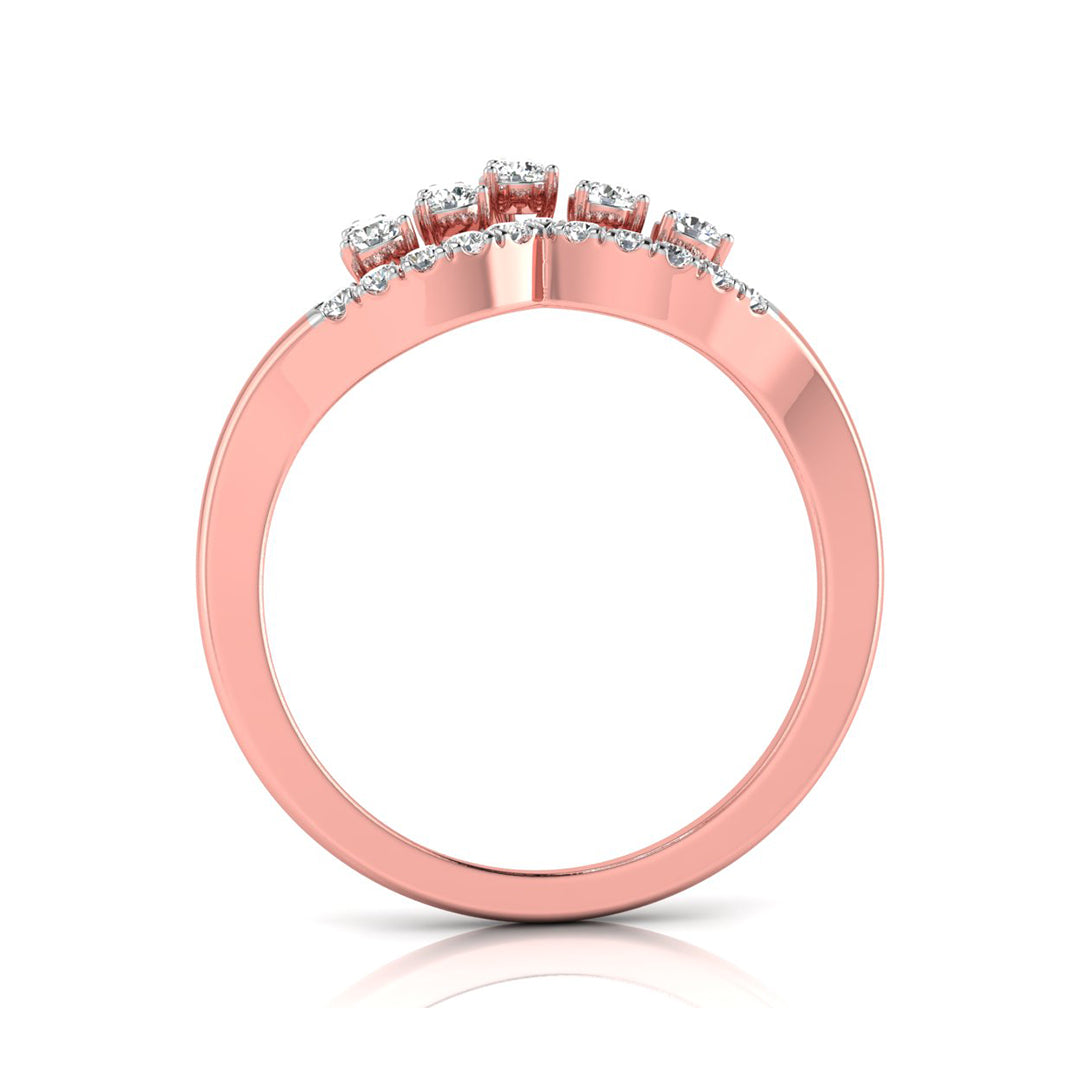 Rose gold ring with a row of small clear gemstones on the top, shown from the back on a white background.