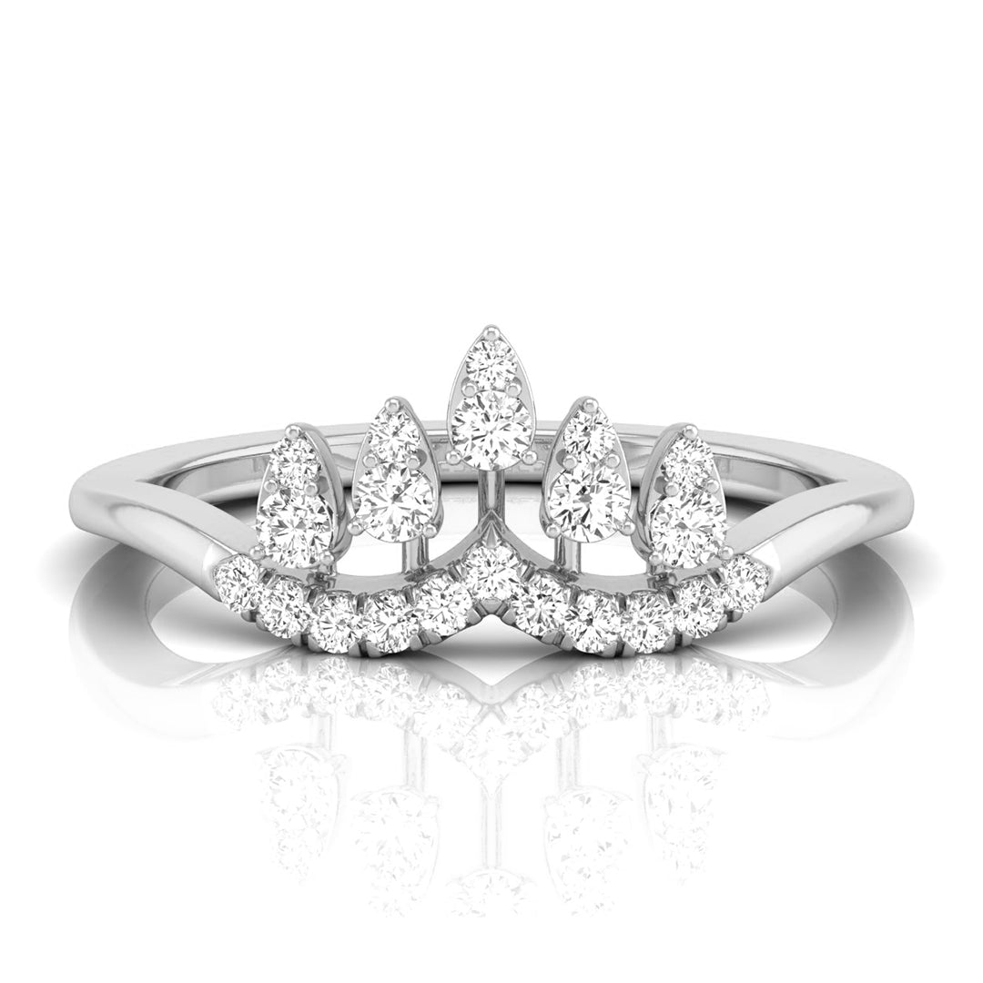 A silver-toned diamond crown ring with five teardrop-shaped diamonds and a curved row of round diamonds along the lower arch, shown on a white background with a soft reflection below. white gold