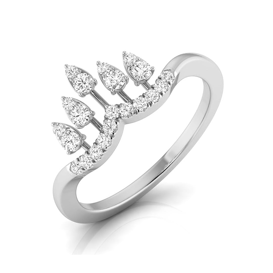 A silver-toned diamond ring with a crown-like top featuring five pear-cut diamonds and a curved row of smaller round diamonds, shown on a white background. white gold
