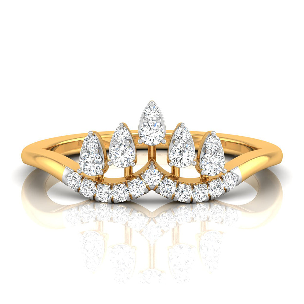 yellow Gold ring with pear-shaped diamonds on a white background