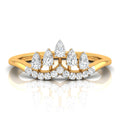 yellow Gold ring with pear-shaped diamonds on a white background