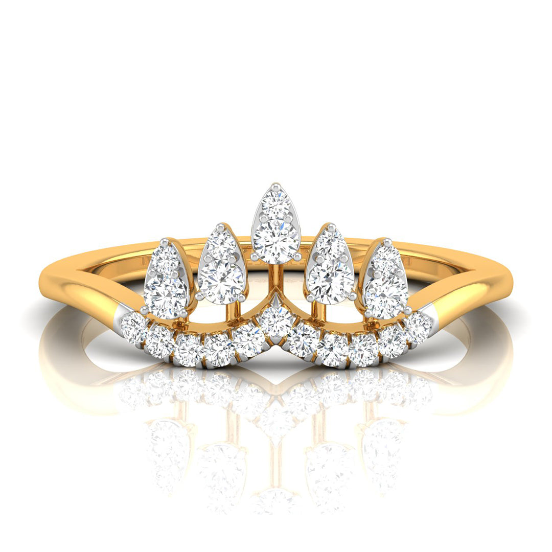 yellow Gold ring with pear-shaped diamonds on a white background