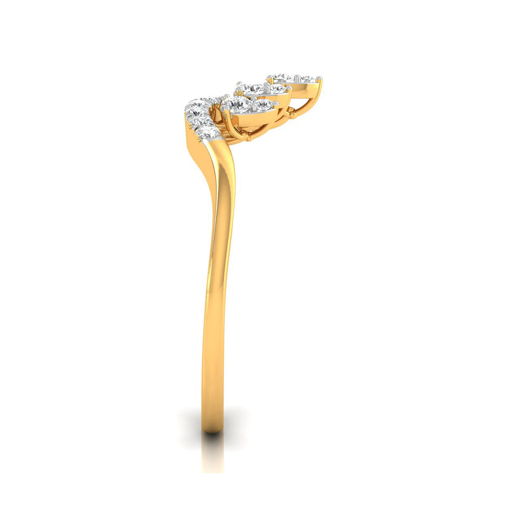 A yellow gold ring with a curved, leaf-like cluster of small clear gemstones at the top, shown on a plain white background.