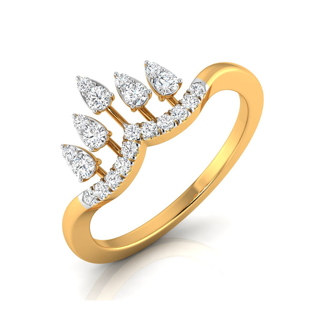 yellow Gold ring with diamond leaf design on a white background