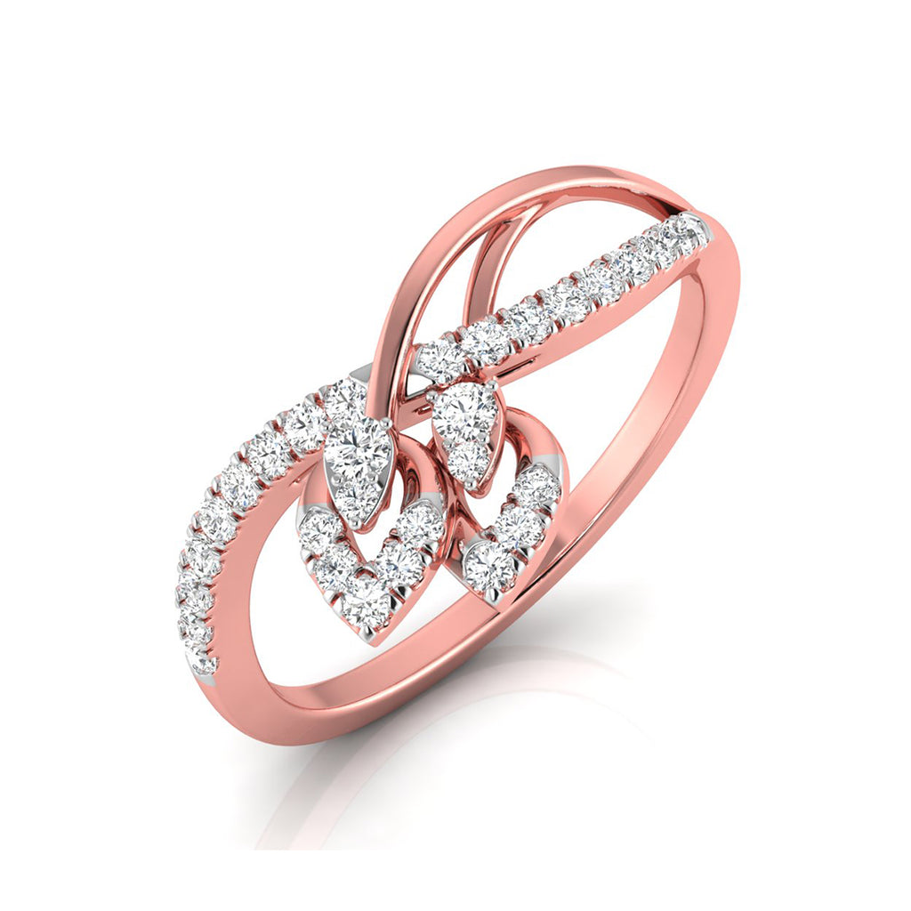 A rose gold ring featuring a heart-shaped motif paved with clear stones, set against a clean white background.