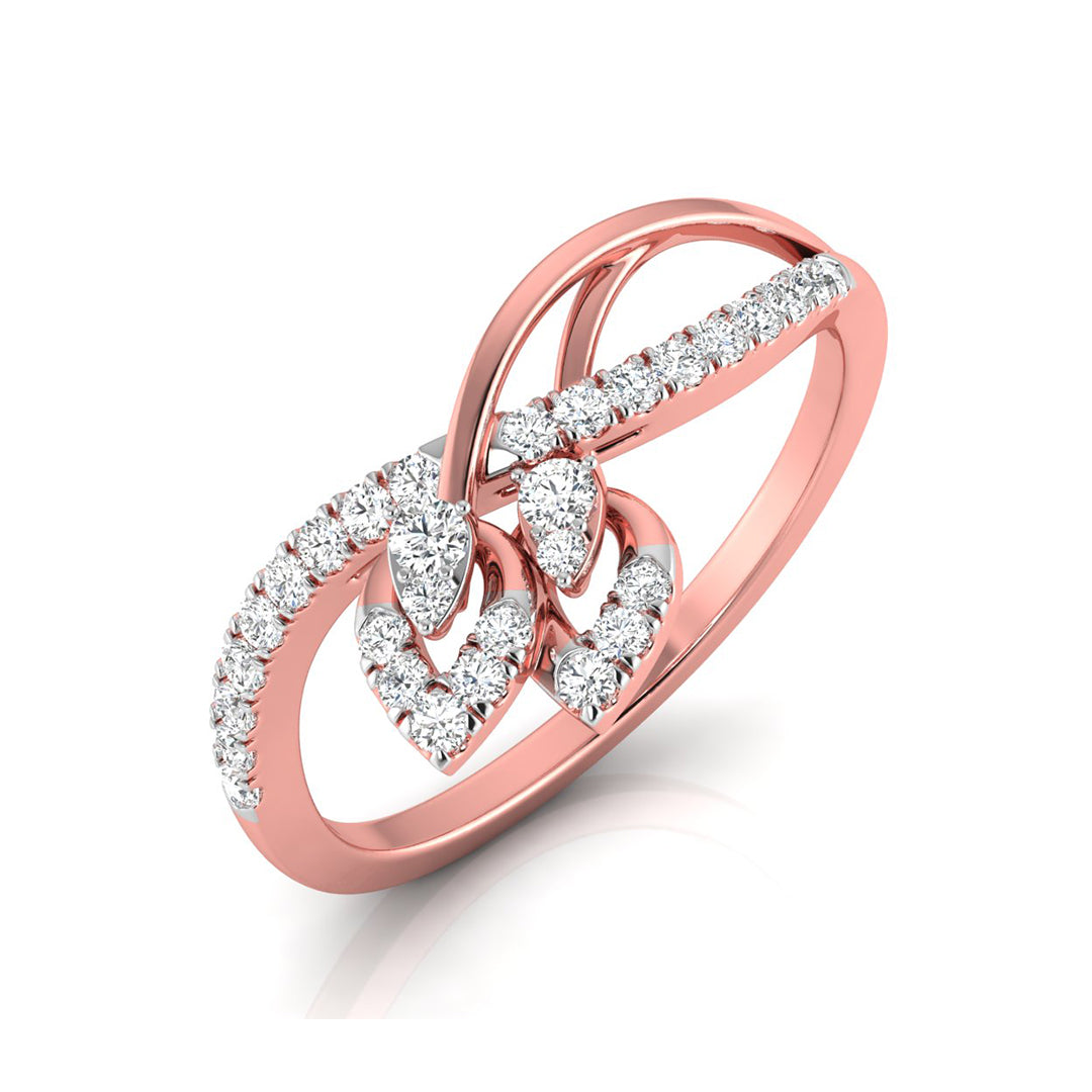 A rose gold ring featuring a heart-shaped motif paved with clear stones, set against a clean white background.