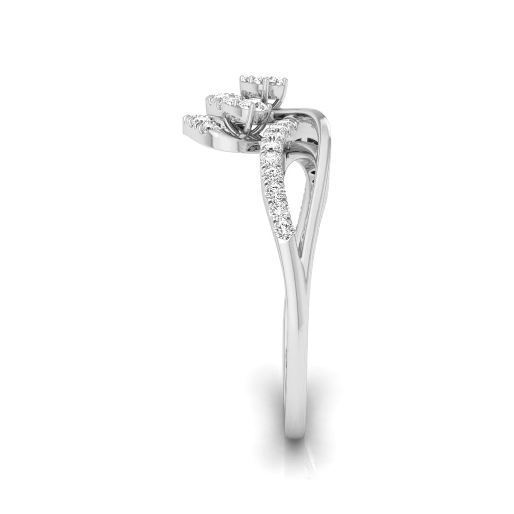 A silver-tone diamond ring with a floral cluster setting and pavé accents on the shank, shown against a plain white background. white gold
