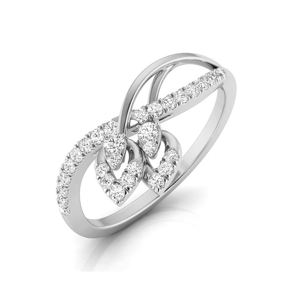 A silver-toned ring featuring three interlocking heart motifs, each adorned with small clear stones, set on a plain white background. white gold