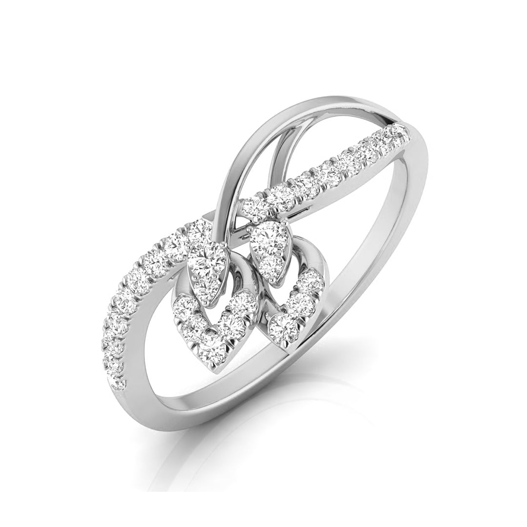 A silver-toned ring featuring three interlocking heart motifs, each adorned with small clear stones, set on a plain white background. white gold