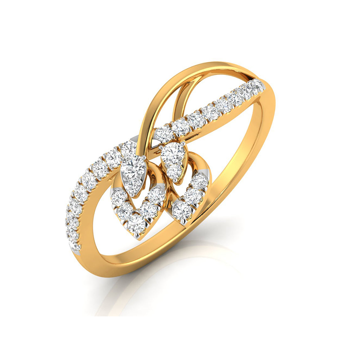 A yellow gold ring featuring an intricate knot design paved with clear round and pear-cut gemstones, set against a clean white background.