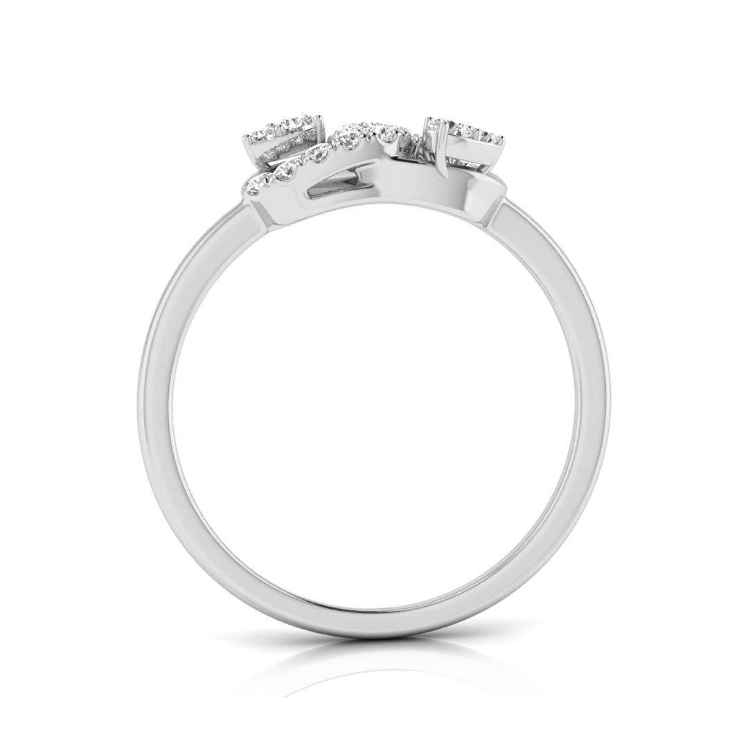 A silver-colored diamond ring shown from the back, featuring a three-stone cluster setting with small pavé diamonds on a clean white background. white gold