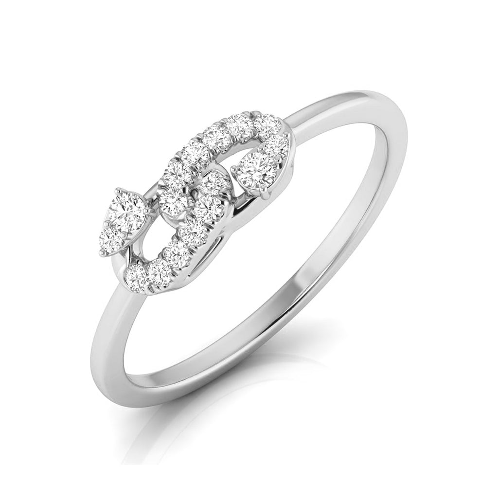 A silver-toned diamond ring with a curved, intertwined band design featuring multiple round-cut diamonds, shown on a clean white background. white gold