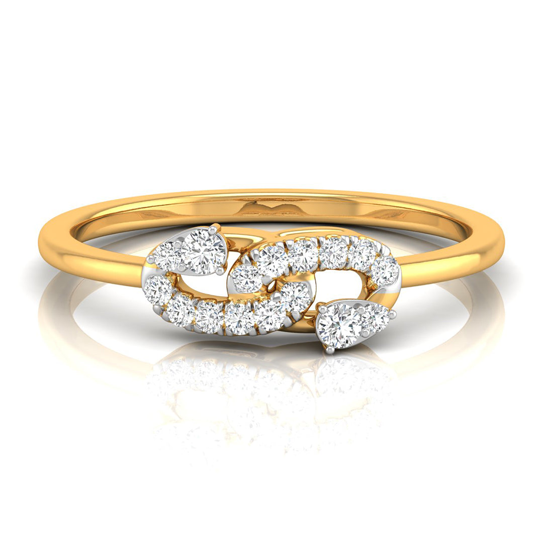 A yellow gold ring featuring a double-helix design paved with round and pear-cut diamonds, set against a clean white background with a soft reflection.