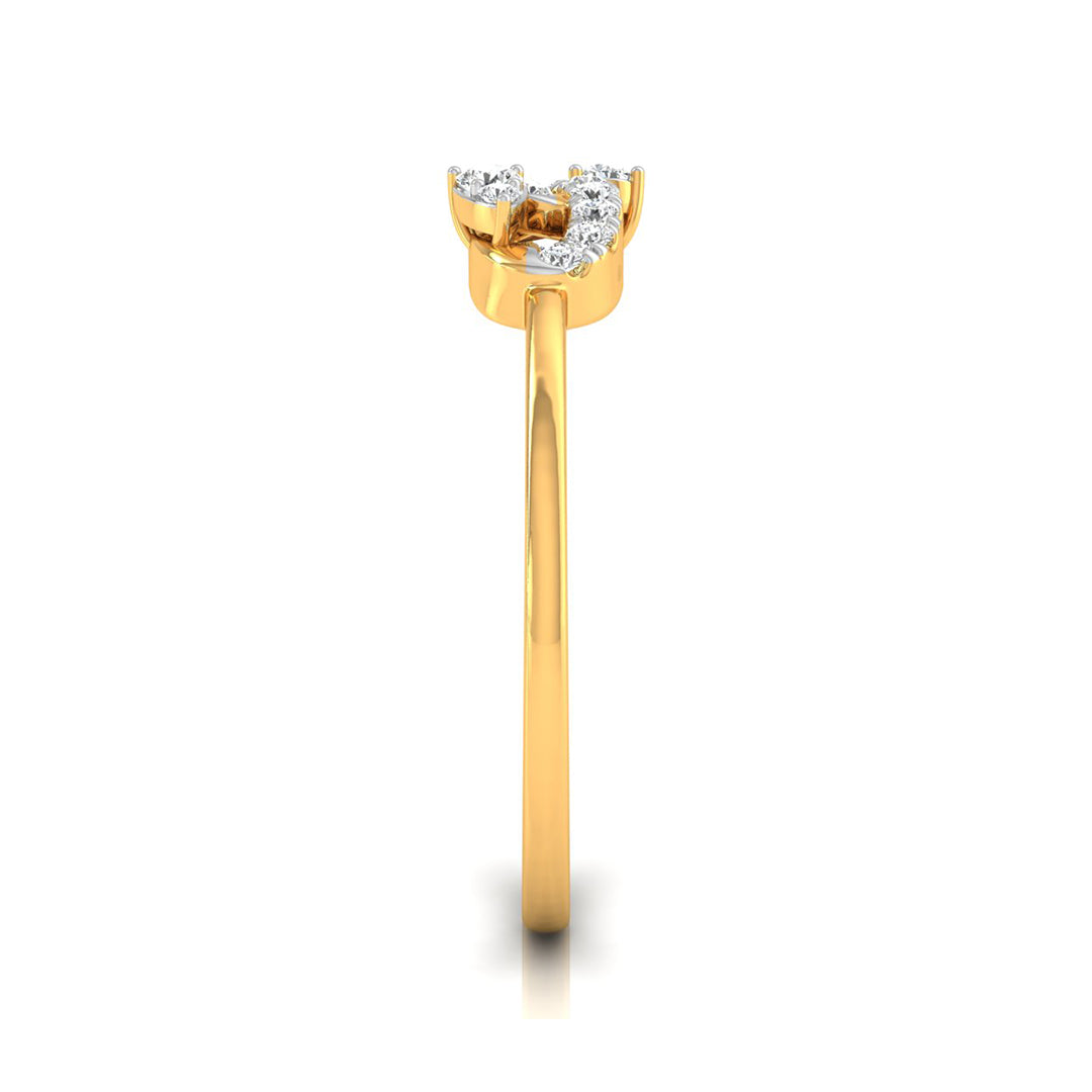 A yellow gold ring featuring a curved top set with three small round-cut clear gemstones, shown against a plain white background.