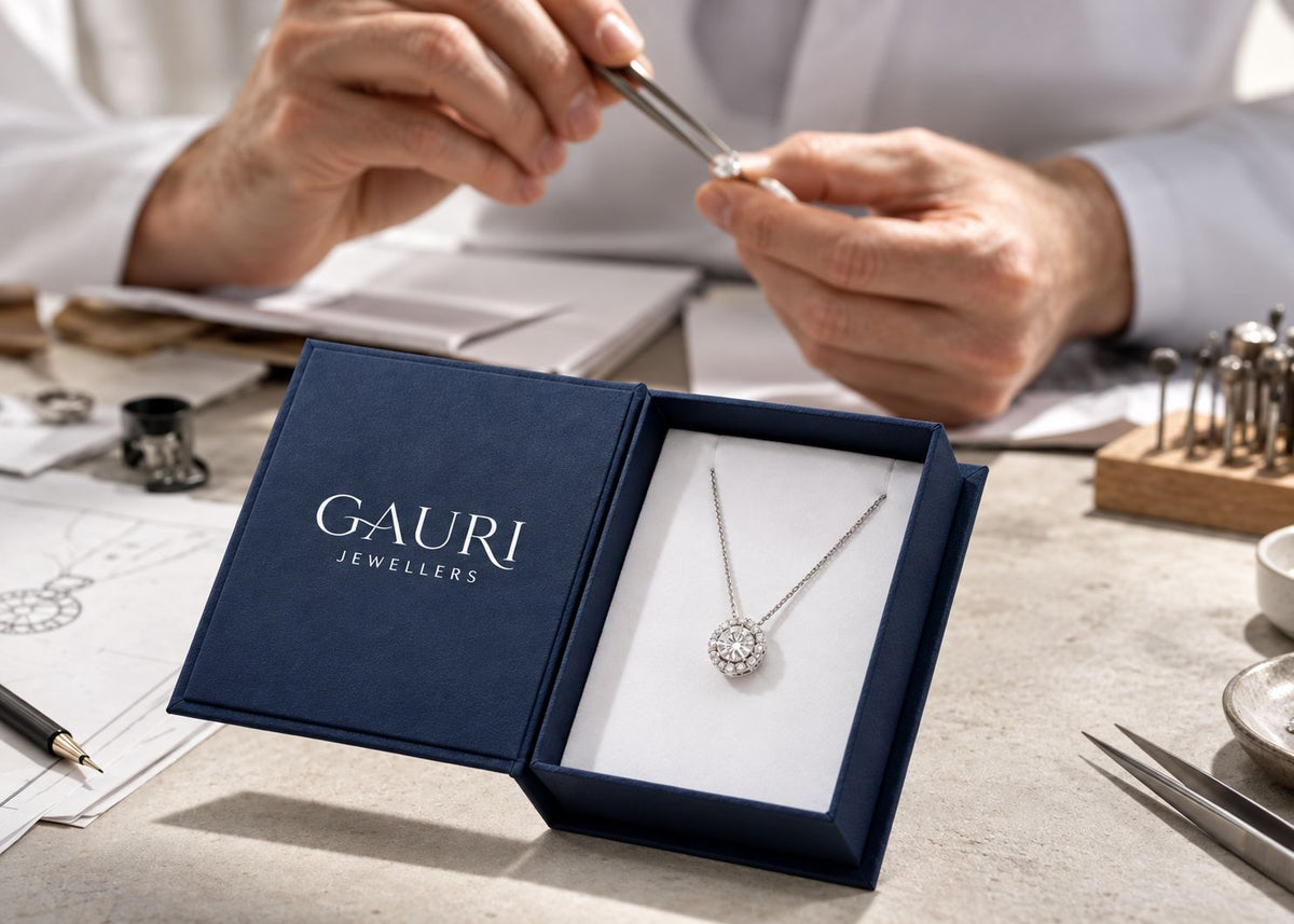 A close-up of a GIAURI Jewellers necklace displayed in an open navy blue presentation box on a workbench, with a jeweler's hands holding tweezers in the background.